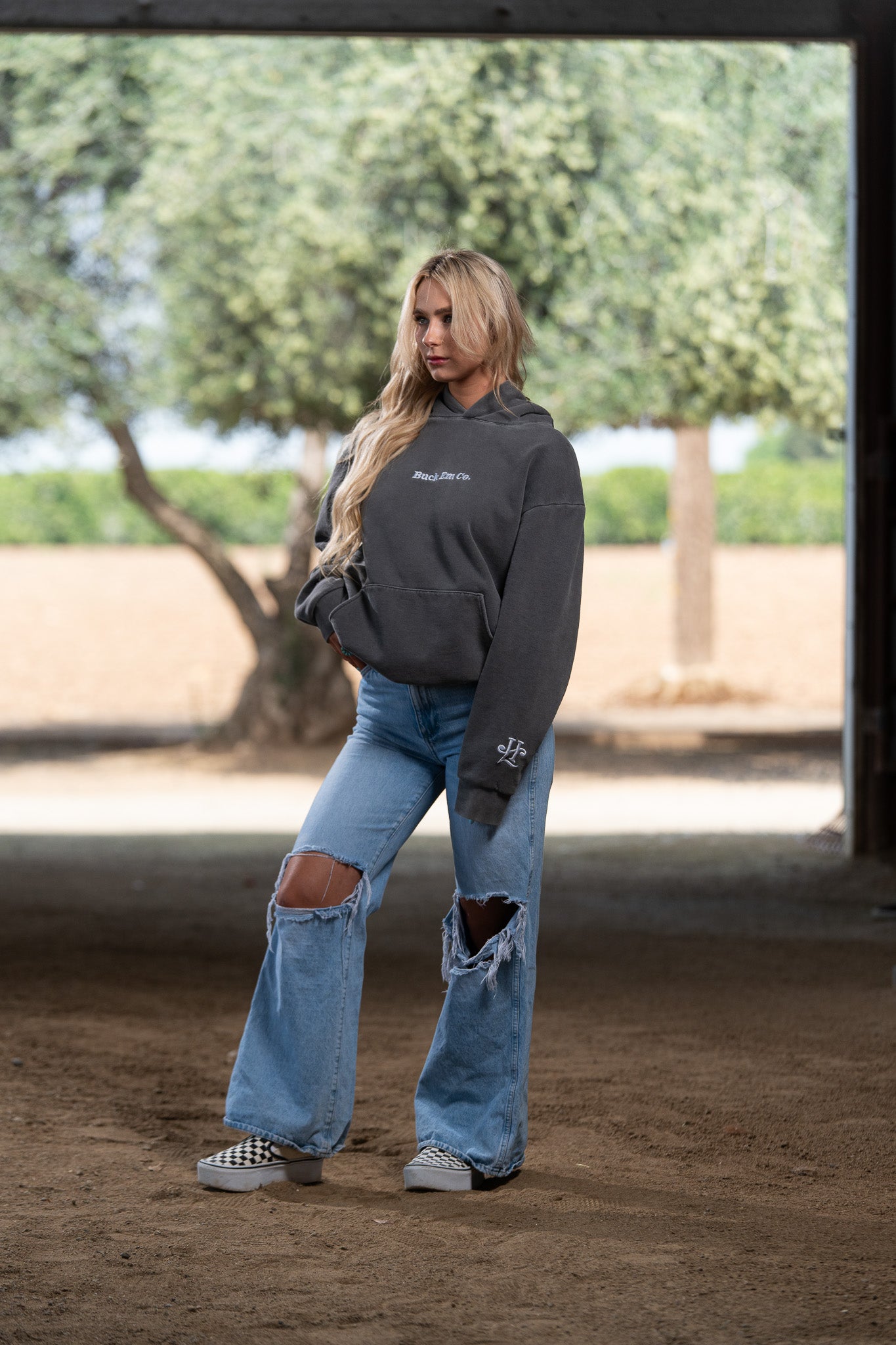 BUCK EM CO. Staple (Embroidery on Faded Black Hoodie)